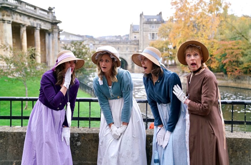 Image of Marcie Cheung and friends dressed in Regency clothing in Bath, England as part of a Jane Austen tour.